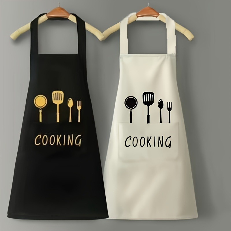 1pc polyester cooking apron with pockets hand washable design ideal for kitchen and restaurant use   in   with chef hat and utensil illustrations