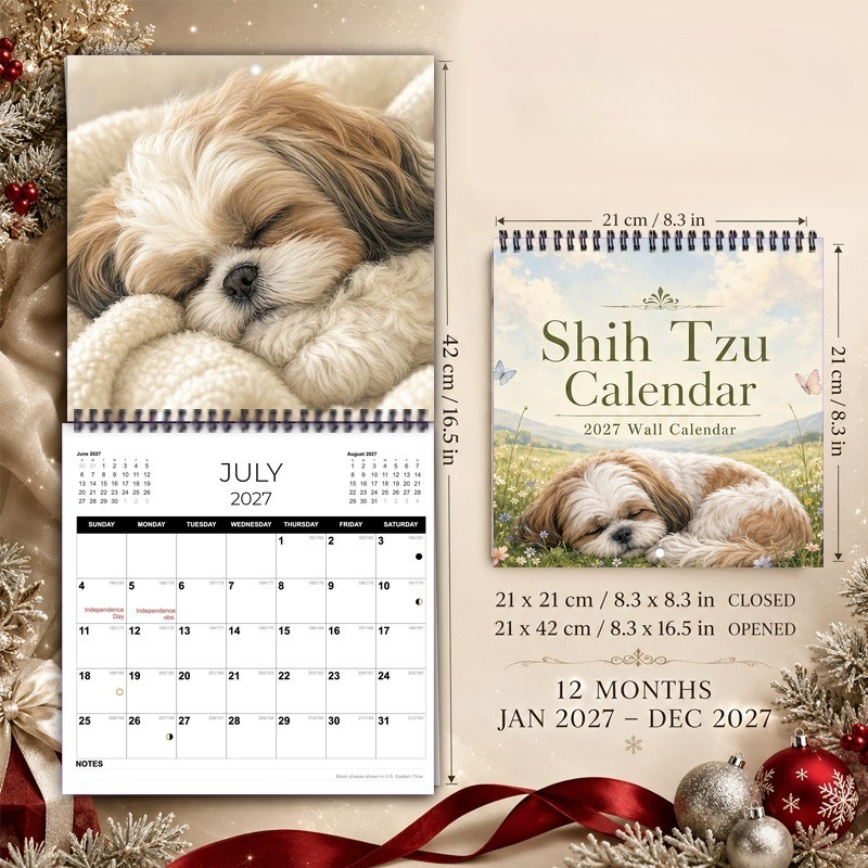 TEMU Calendrier mural 2027, Calendrier mural Shih Tzu 2027, Calendrier suspendu 12 mois avec reliure spirale à double fil, Grands blocs d'écriture,