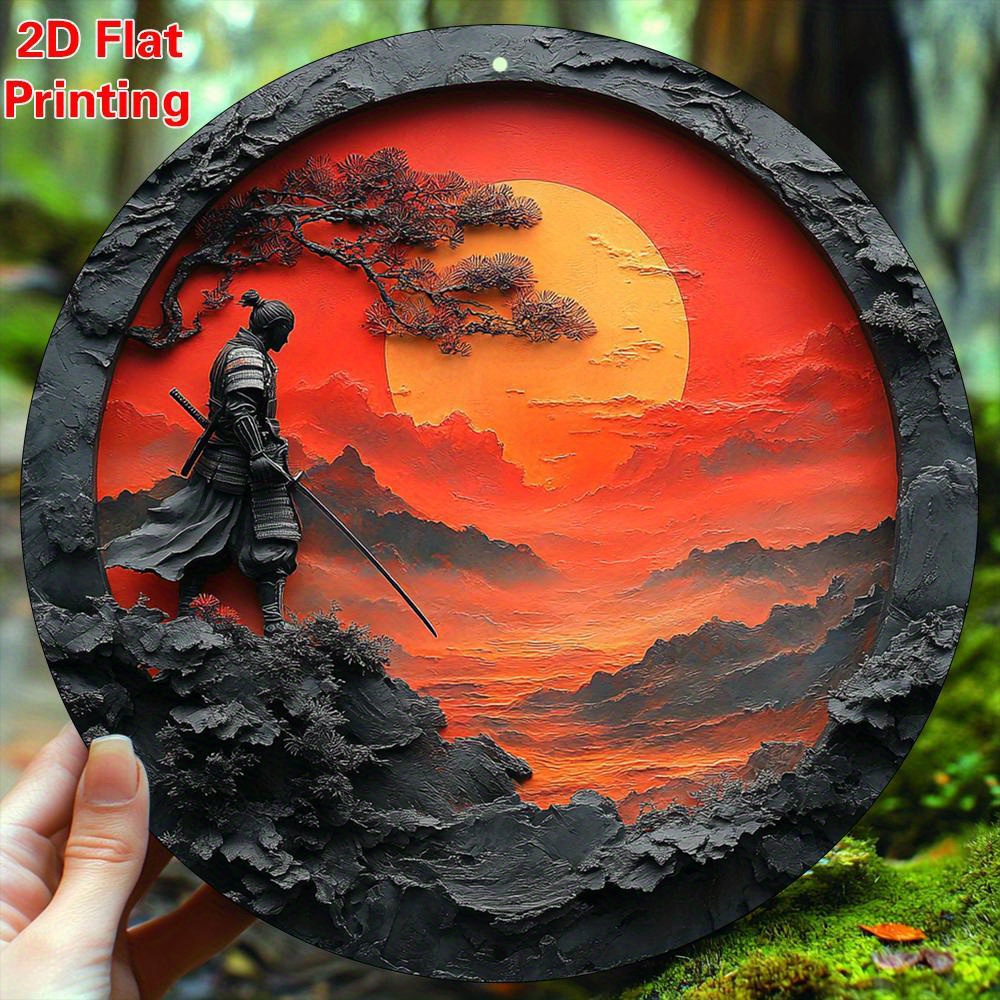 TEMU Decoración de Pared de Samurái Japonés 2D - Panel de Aluminio de 20.32x20.32cm Adecuado para Estilo Bohemio, Retro de Samurái Japonés y Paisaje