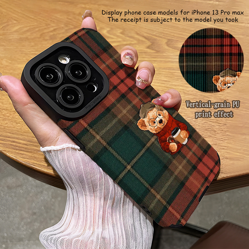 TEMU Phone Case - Vintage British Style Glasses Bear Coffee Pattern Phone Case For Iphone 17/17pro/17promax/17air, 16/16pro/16promax/16plus/16e,