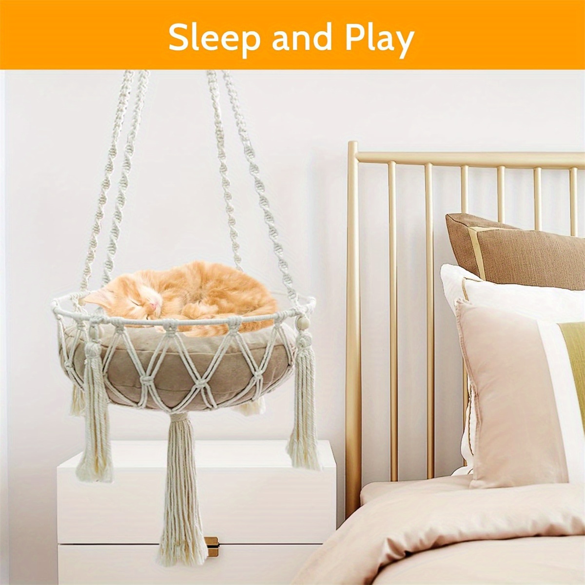 

1pc Bohemian Style Cat - , Tear-resistant Swing Bed With Macrame Detailing, 17.7" Diameter, For Indoor/outdoor Use, Cats, Cat Window