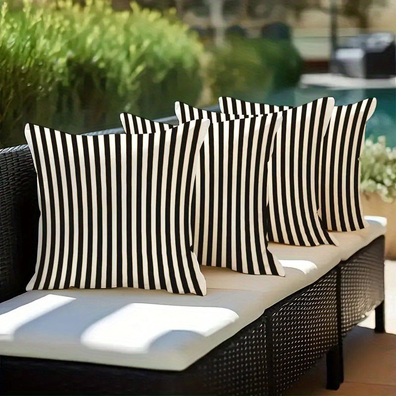 TEMU 4 housses de coussin d'extérieur , design à rayures torsadées contrastées et blanc, fermeture éclair, 100 % polyester, convient aux meubles de