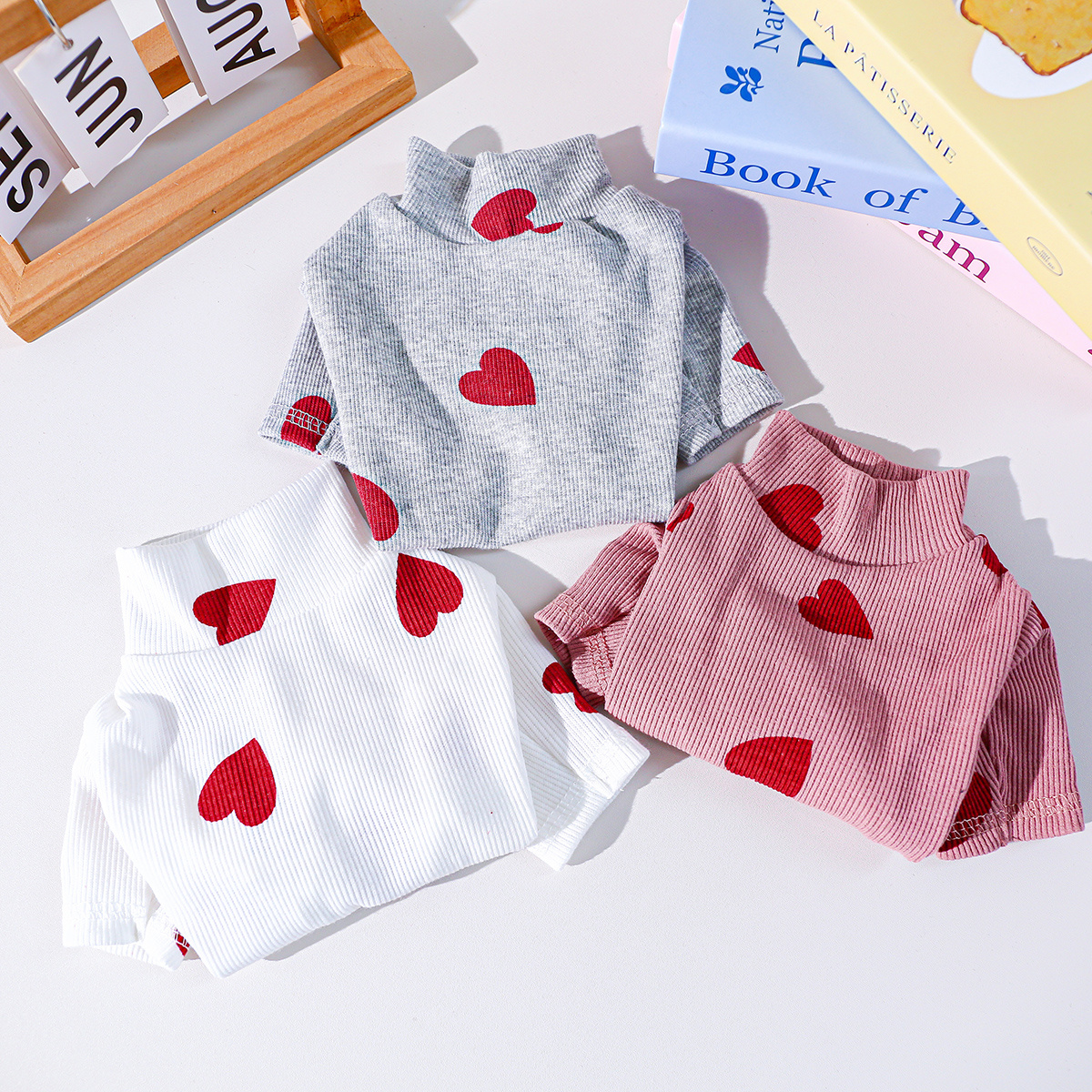 TEMU 3-pack Heart Print Pet T-shirts, Knit Polyester Pullover Base Shirts For Small , Grey, Pink, White - Cozy Pet Apparel Set