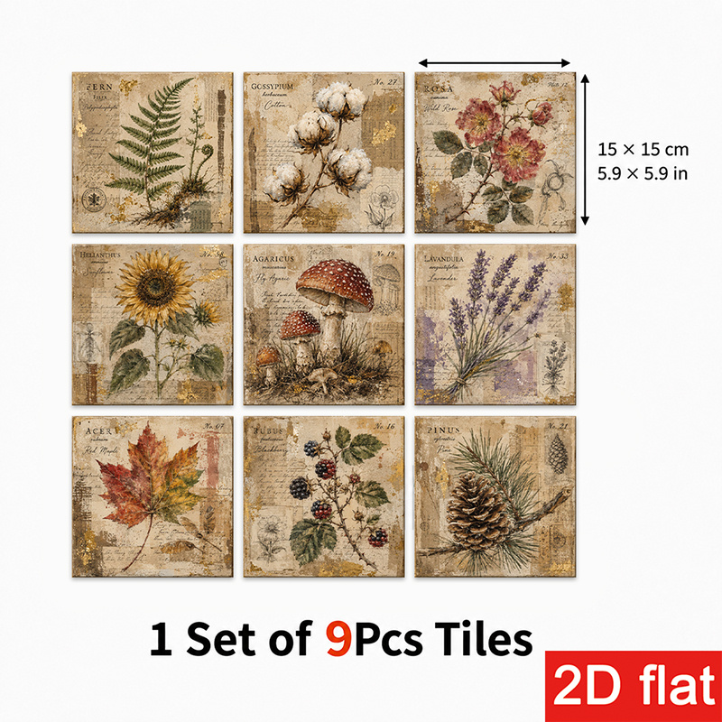 TEMU 2d Flat 9pcs 15x15cm (5.9x5.9in) Slate Tile Stickers Sophisticated Vintage Botanical Pattern With Ferns, Flowers, Mushrooms And Herbs; Peel And