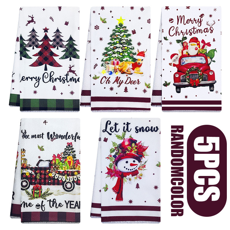 TEMU 5pcs Christmas Printed Dish Towels, Christmas Decor Towel Set, Christmas Bathroom Decor | Santa Claus Decor, Random Colors Shipped, Colored