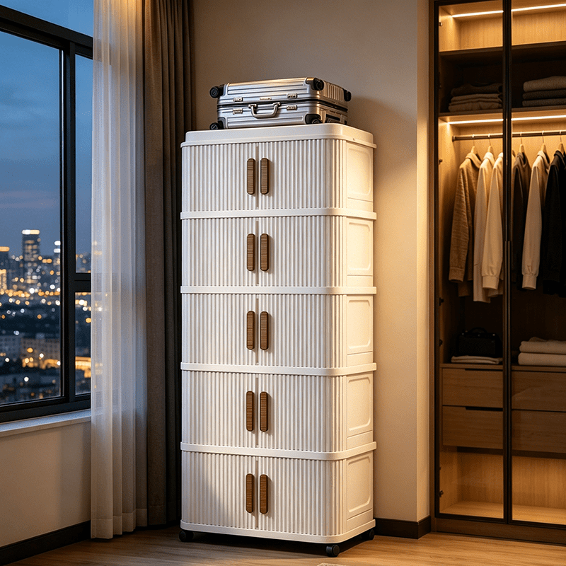 Image of 5- Layer White Hallway Storage Cabinet With Sliding Door Design, Large Capacity Storage Box With Universal Wheels, Mobile Organizer Cabinet Suitable For Entryway, Living Room, Bedroom