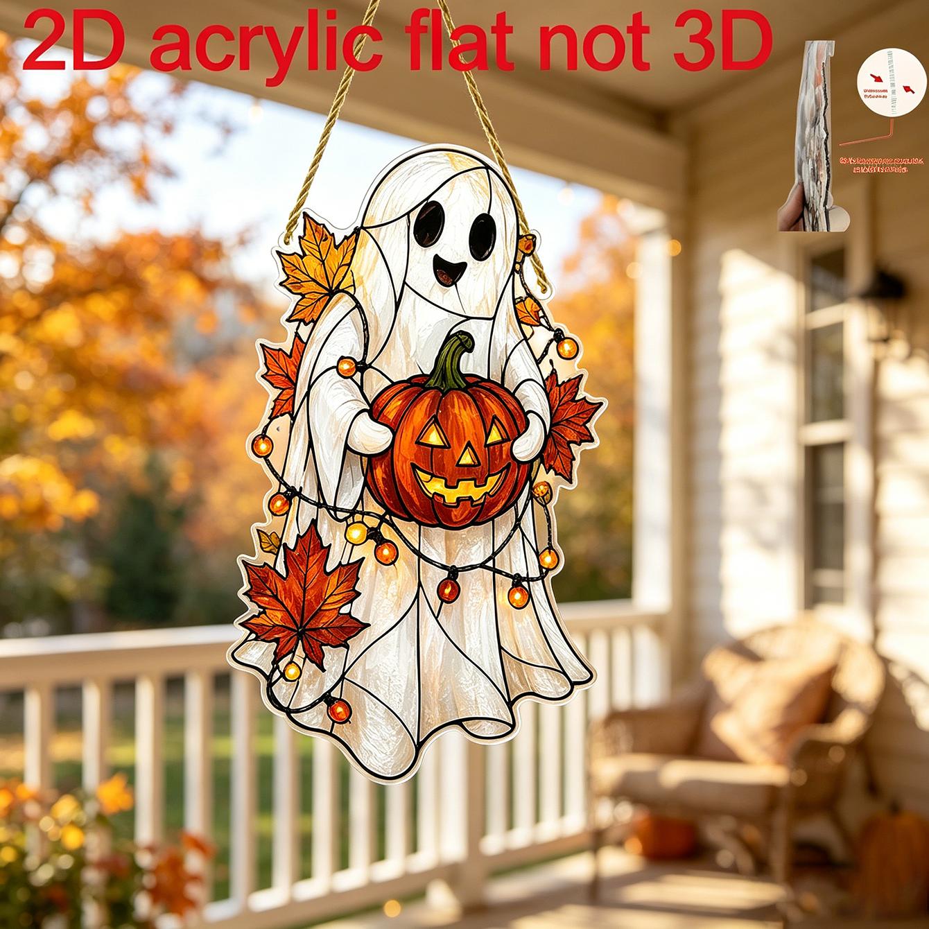 TEMU 2D-Flach, 2D-Flacher Halloween-Herbst-Sonnenfänger mit Kürbis und Ahornblatt, Gemütliche Herbst-Fensterdekoration, Acryl-Veranda-Hängeornament,