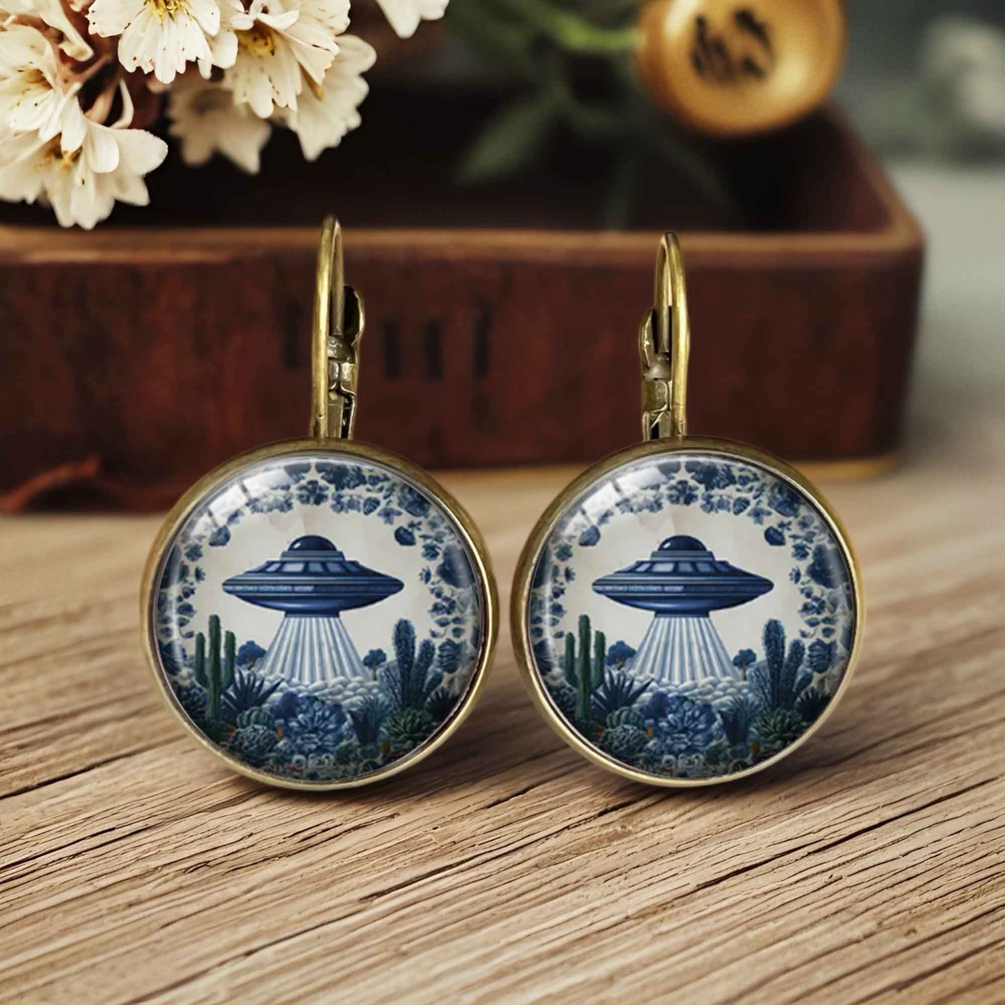 Image of A Pair Of Unique Ufo And -and-white Porcelain Design Earrings, A High-quality Fashion Accessory