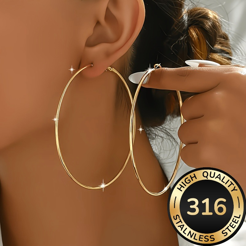 TEMU Pendientes de aro dorados de acero inoxidable de 8 cm de ancho, accesorios para mujer, pendientes de joyería de acero inoxidable, pendientes de