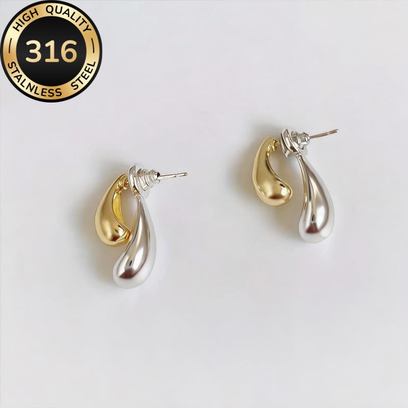 Women's Hypoallergenic Two-Tone Golden Silver Teardrop Stud Earrings
