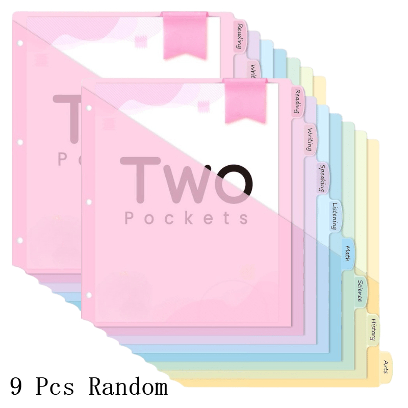 E-shop 9-teiliges Set zufälliger Farben, Ordner-Trennblätter mit doppelter Tasche, passend für 3-Loch-Ringbuch-Organizer, US-Letter-Größe,
