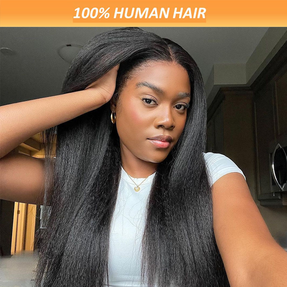 TEMU A 200% Density, Human Hair Kinky Straight Lace Front Wig Designed For Women. It Features Soft And Bouncy Brazilian Hair, Transparent Lace For An