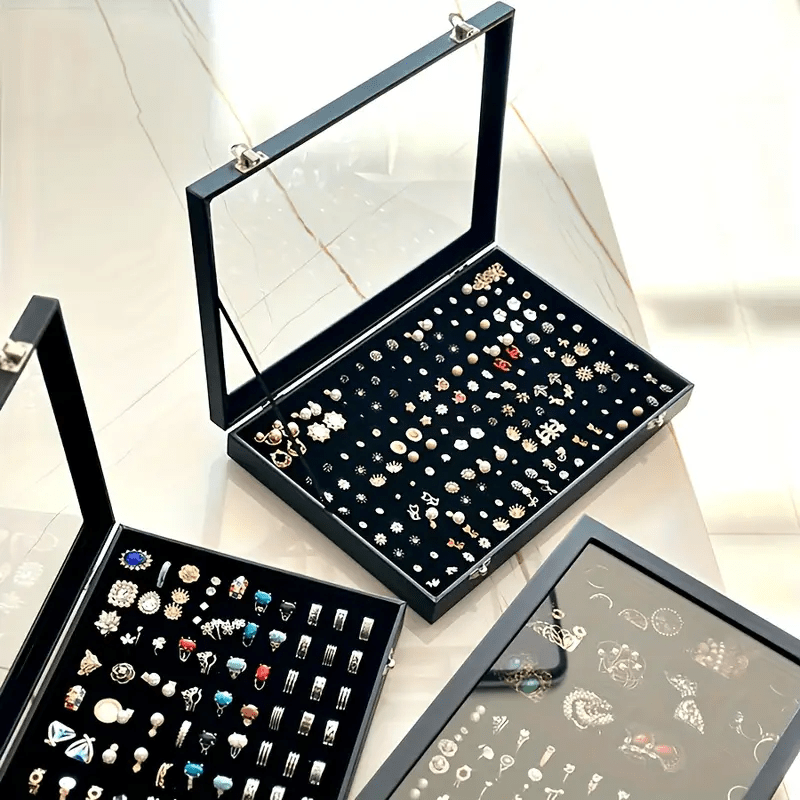   velvet jewelry box with clear glass lid, multi-compartment for necklaces and rings durable metal clasp ideal gift or personal use Product details 4