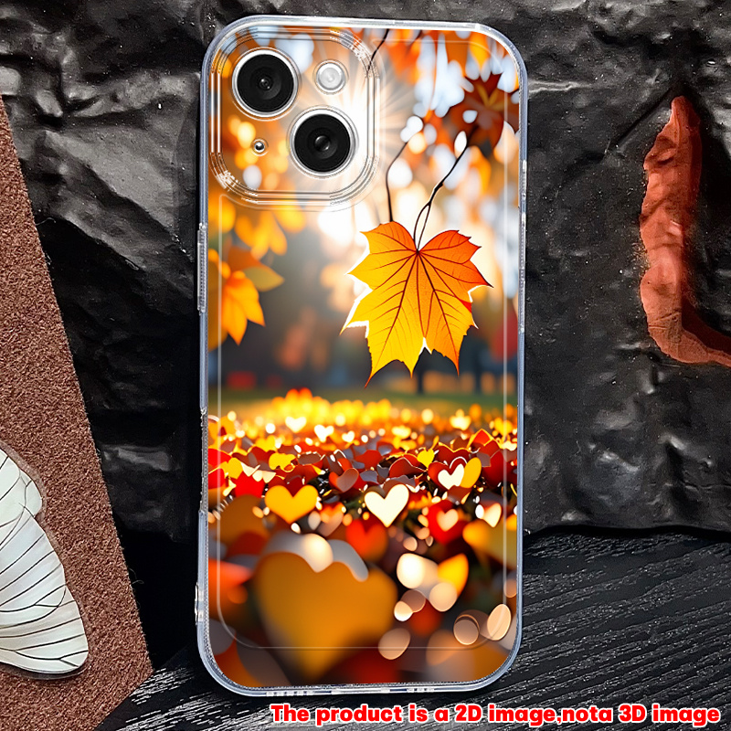 TEMU Phone Case: 2d Flat Autumn Maple Leaf Sunshine Fallen Leaves Heart-shaped Pattern Phone Case, Tpu Material, Suitable For Iphone 11 12 13 17 Pro