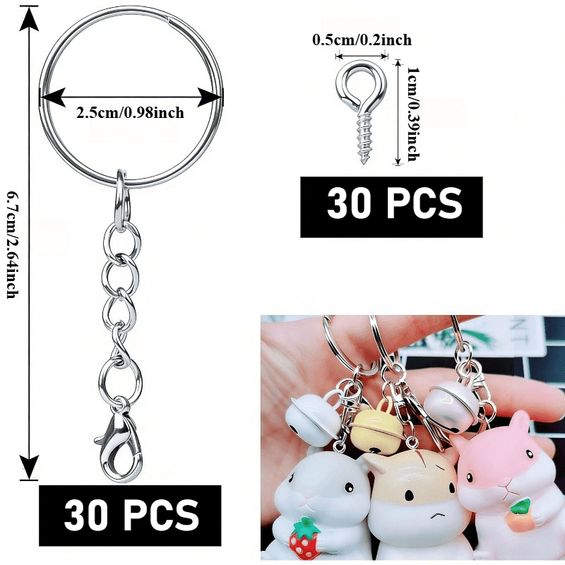TEMU 60pcs Key Rings With Chain Lobster Clasp Set (30key Ring 25mm Blanks + 30 Eye Screws) Key Rings Small Diy Crafts For Diy Making