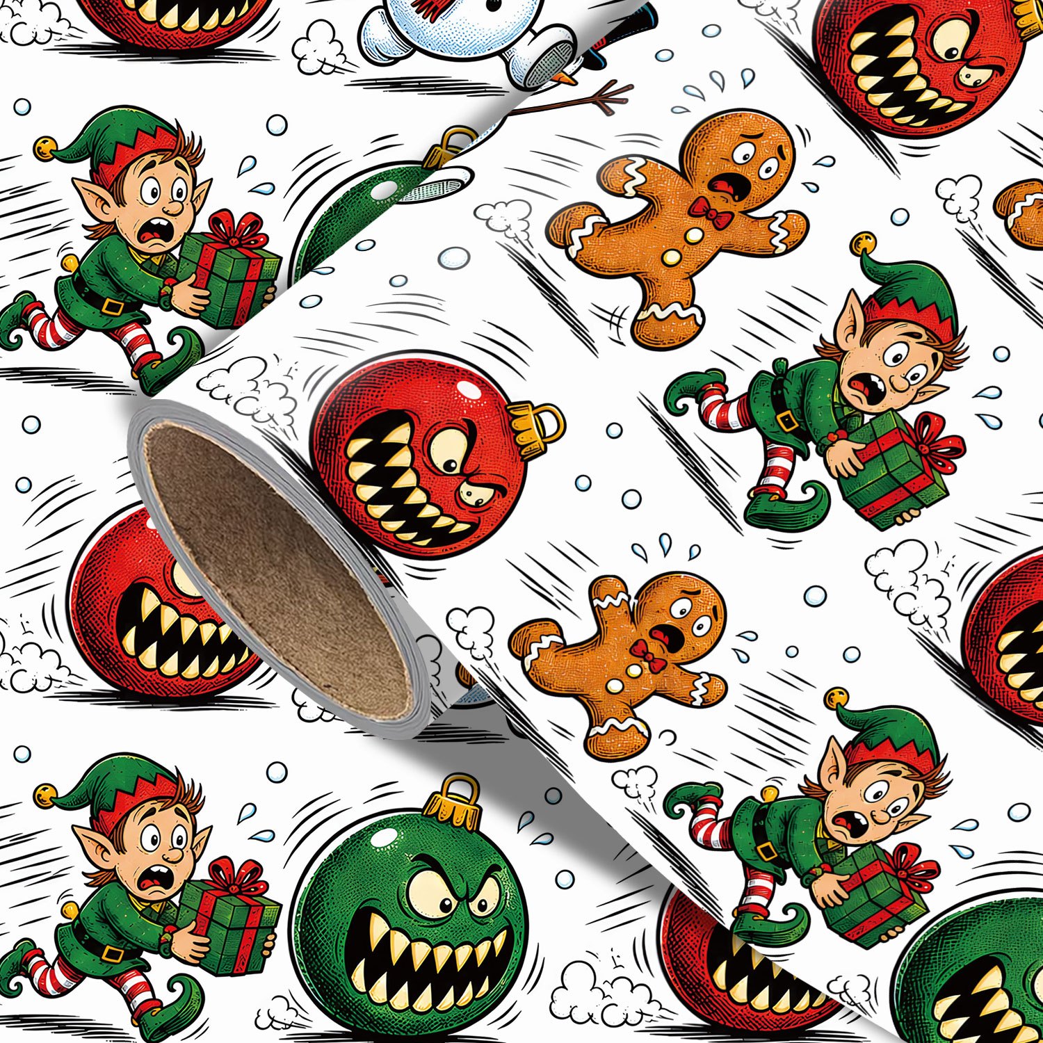 TEMU Roll Funny Christmas Wrapping Paper Suitable For Xmas Gifts, Party Decorations & Diy Birthday - Single-sided Print With Running Elf, Gingerbread