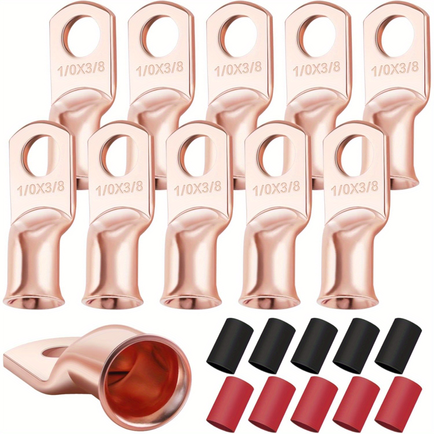 TEMU UMLIFE Lot de 10 pièces d'Embouts pour Batterie Robustes 1/0 AWG à 3/8 avec 10 Tubes Thermorétractables 3:1, Raccords Anneaux en Cuivre pour