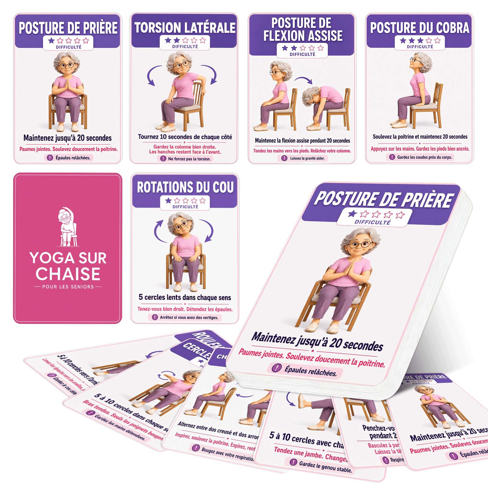 TEMU Cartes d'exercices de yoga en français pour personnes âgées, poses de yoga assises illustrées avec étirements doux et routines de , jeux de