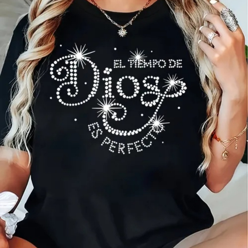 

2025 Happy New Year Family : Stylish Women's With Glittering "el " Design - Soft, Comfortable Polyester , Crew Neck, Short Sleeve, All