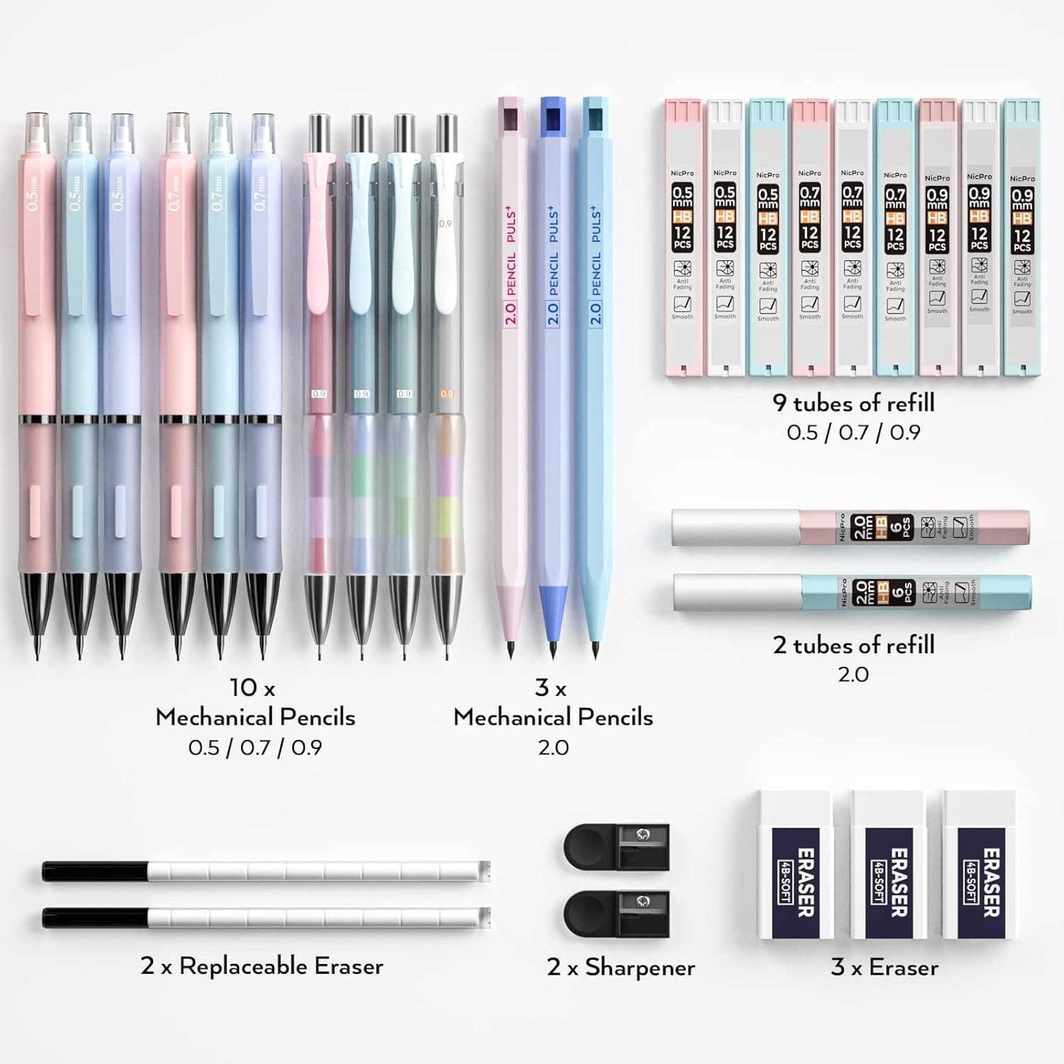 

31pcs Nicpro Mechanical Pencil Set, 0.5mm, 0.7mm, 0.9mm & 2mm, 2b Hb Graphite Refills, Erasers, Sharpeners, With Plastic Case For Art, Drafting, Sketching & , For 14+