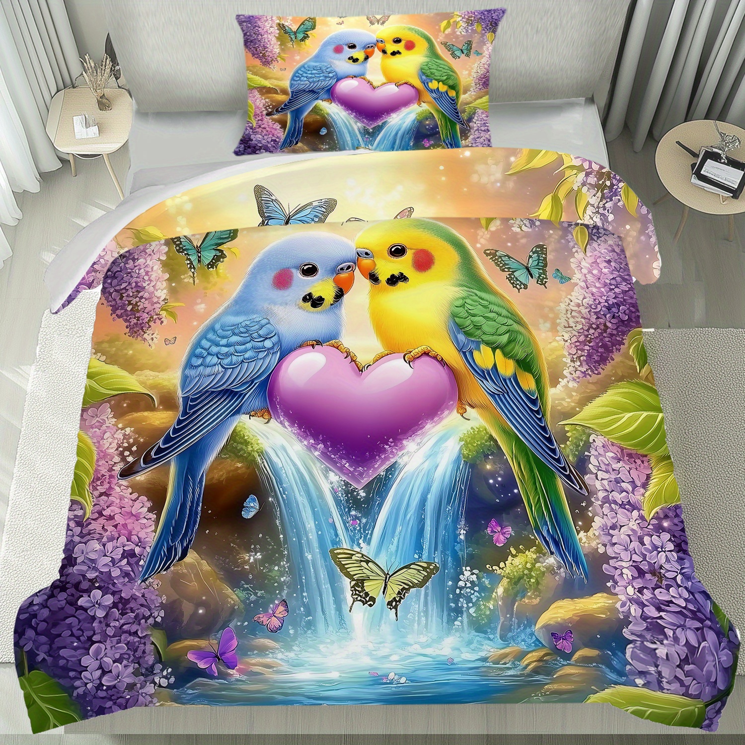 TEMU 2/ 3pcs Cute Colorful Budgies Holding A Purple Heart Pattern Duvet Cover Set, Includes 1 Duvet Cover & 2 Pillowcases, Elegant Design Bed Cover