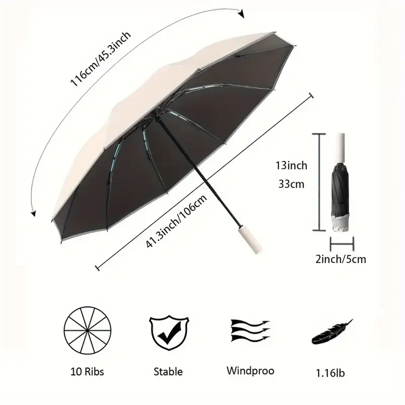simple and stylish 1pc fully automatic enlarged womens folding umbrella windproof sunscreen uv protection 10 rib structure single color reverse opening and closing reflective strip design suitable for daily travel heavy duty windproof umbrella suitable for all weather details 4