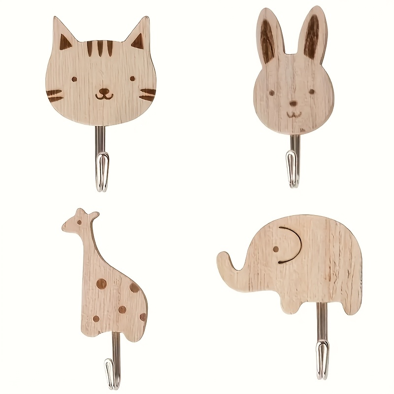 TEMU 4pcs Set Of Animal-shaped Wooden Wall Hooks, , Providing A Stylish Storage Solution For Coats, Towels, Scarves, And Bags—includes Cute Elephant,