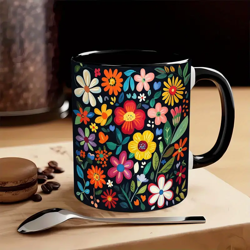 11oz ceramic floral mug   design reusable poly coated cup for coffee tea milk beer ideal for new year christmas easter valentines birthdays office decor festive mug colorful floral pattern glossy   4