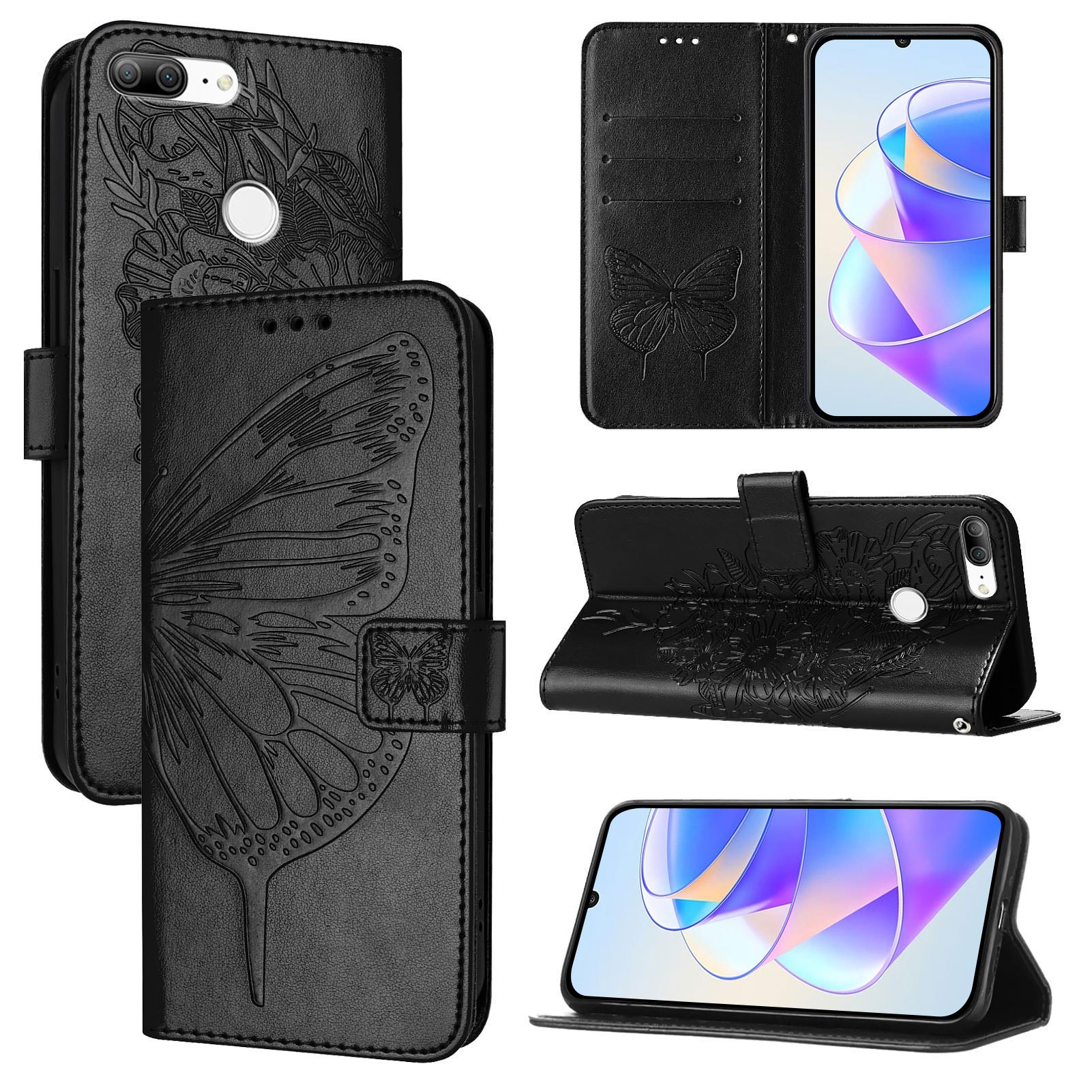 スマホケース：合成皮革ベルト付きブ トラップ 蝶柄ウォレットケース、honor  /huawei enjoy 7s/huawei   208対応、マグネット式開閉 4つのカード 付き、落下防止・耐衝撃スマホケース、男女兼用4つのカード 付きウォレットケース
