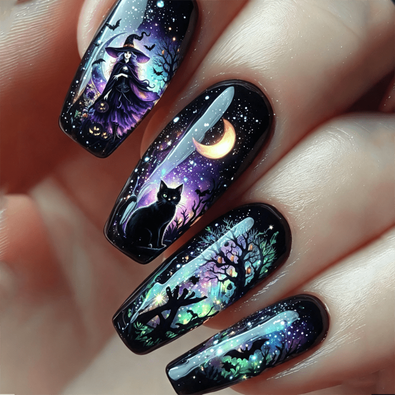 TEMU 70pcs Long Ballet Halloween Press-on False Nails, Base Gradient Elegant Witch Black Cat Bat Glowing Spooky Forest Design, Full Cover Fake Nails