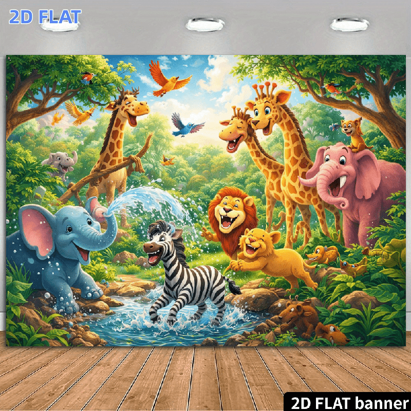 TEMU 2d Flat, 2d Flat - 2d Flat, 2d Flat - 2d Flat Banner, 1pc Jungle Animal Backdrop Suitable For Parties, Wrinkle-resistant With Elephants, , ,