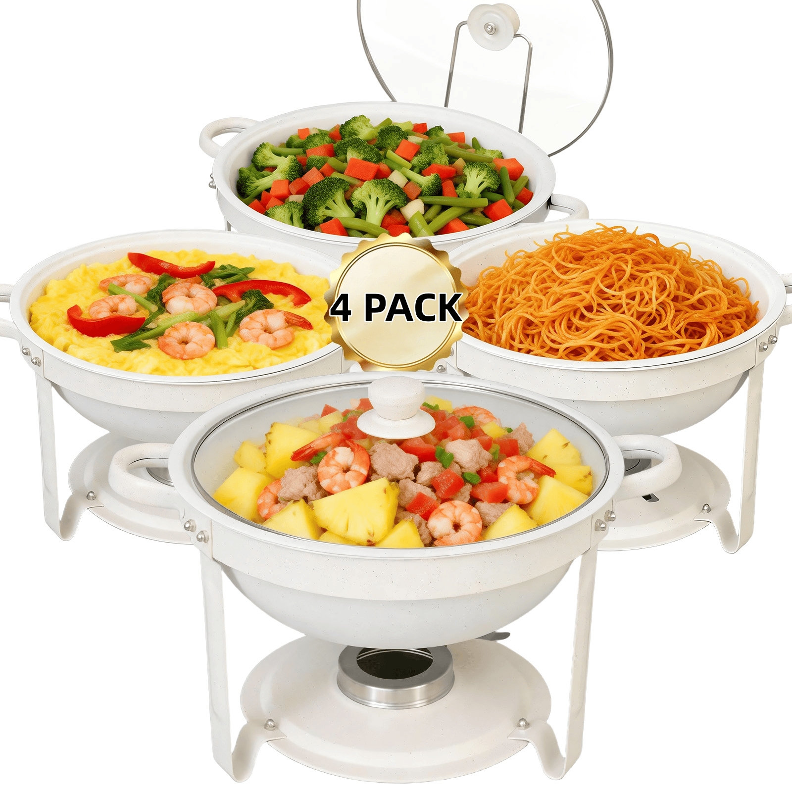 Image of 6qt Round Chafing Dish Pack Of 1/2/4/6, White Granite Finish Stainless Steel With Transparent Lids - Elegant Buffet Servers & Warmers, Stackable Storage, Wedding, Catering, Part - Cooking