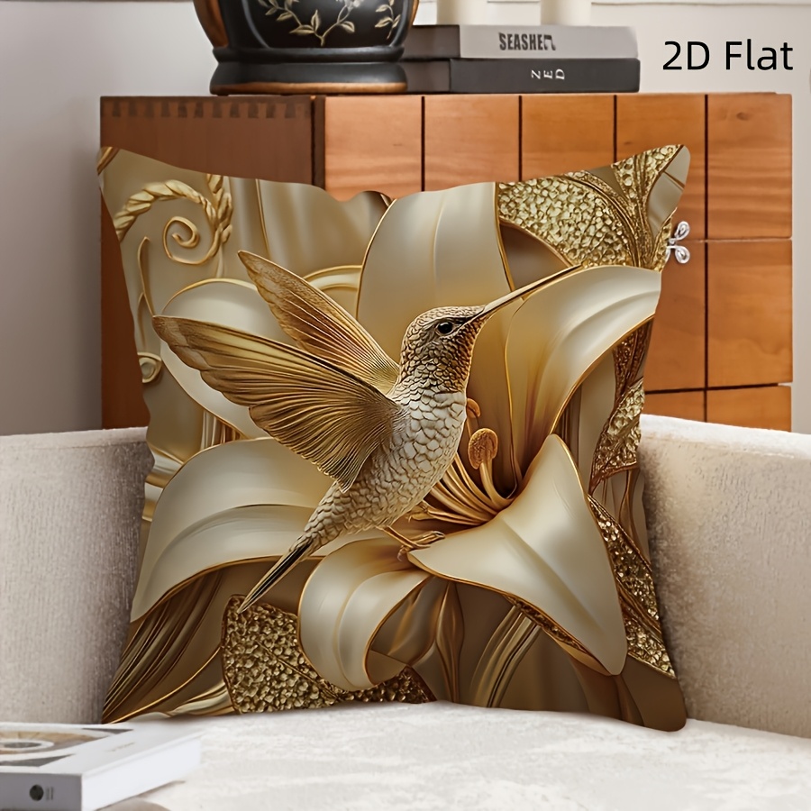 TEMU Taie d'oreiller 1 pièce, Taie d'oreiller moderne avec et fleur - Thème paysage floral doré avec oiseau, Tissu en peluche courte doux et lisse,