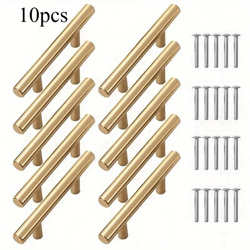10pcs Elegant Golden Cabinet Handles, Stainless Steel Brushed Electroplating Handles, Powder Coated, With Mounting Screws, , Durable Kitchen Drawer Handles, Kitchen Cabinet Handles