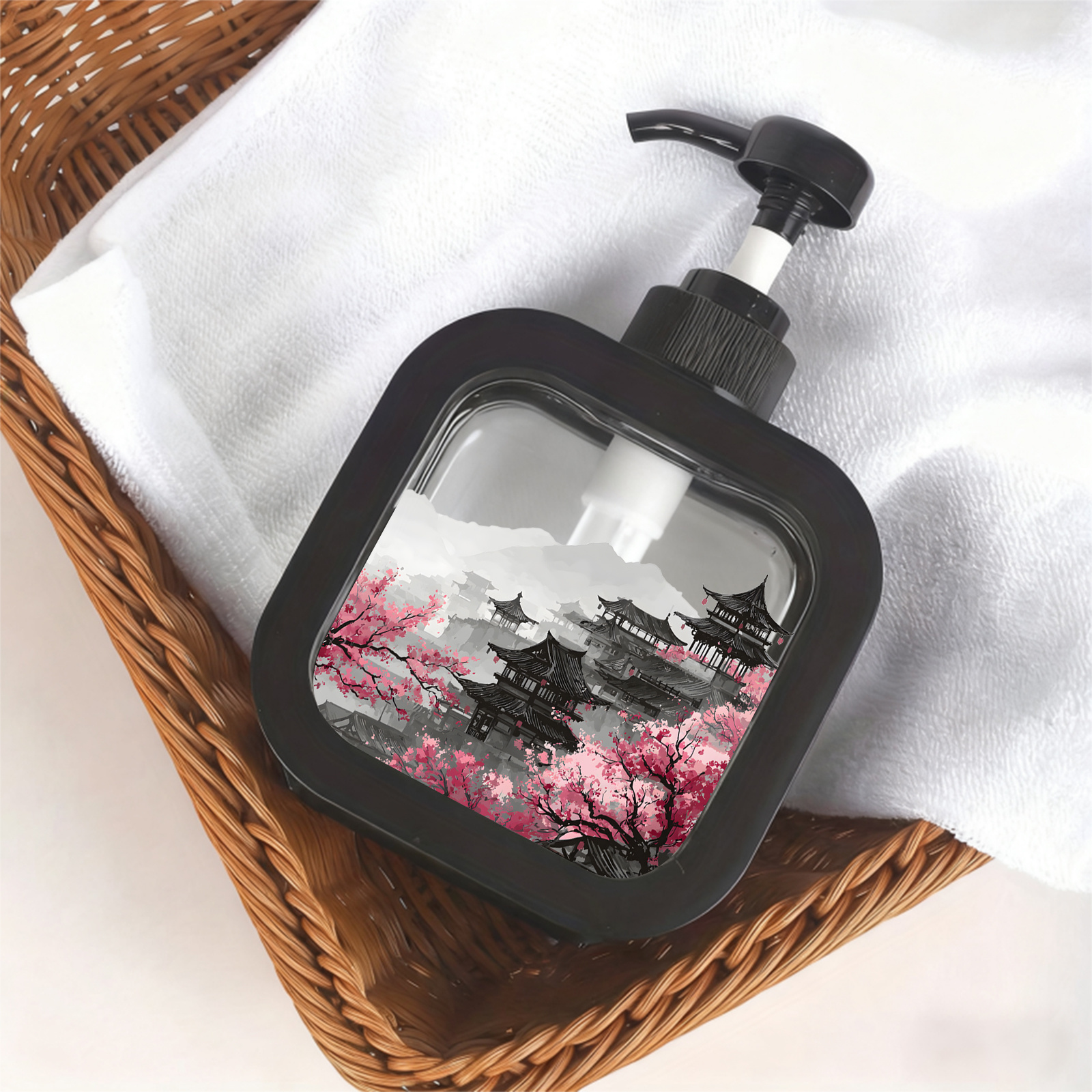 TEMU Bouteille Pompe pour Savon Hydratant pour , pour et de Bain, Rechargeable et avec un Design Décoratif d'une Vue d'Asie de de Cerisier et des