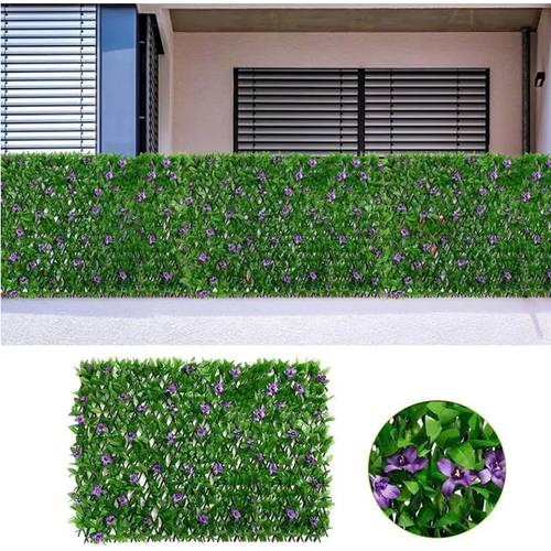 expanding garden trellis panels 180x30cm expandable garden fence screening with artificial ivy and violet flower decorative faux ivy leaf privacy screen greenery backdrop for backyard