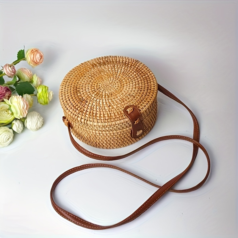 Image of Round Rattan Bag Ladies Round Hand Braided Straw Bag Crossbody Strap Handbag Summer Beach Bag, Bamboo