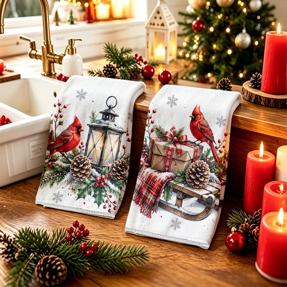 TEMU 2pcs Christmas Kitchen Towels Suitable For Bathroom & Dish Drying, Bird Pine Cone Lantern Pattern Microfiber Cloths, Soft Absorbent For