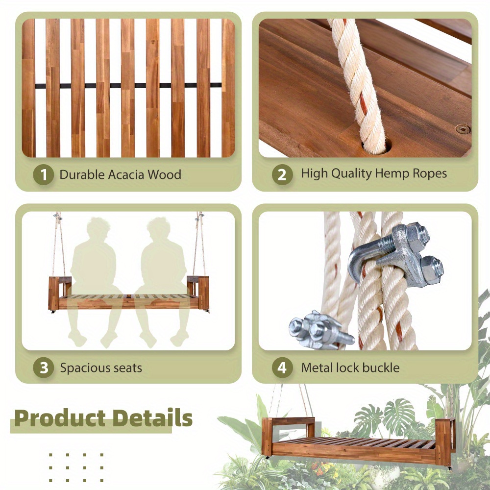 Garden seating. Swing chair. Double-sized porch swing bed seating set with hemp rope swing frame, suitable for gardens and backyards. Minimalist rustic style, ideal for courtyards and gardens. Mattress sold separately.