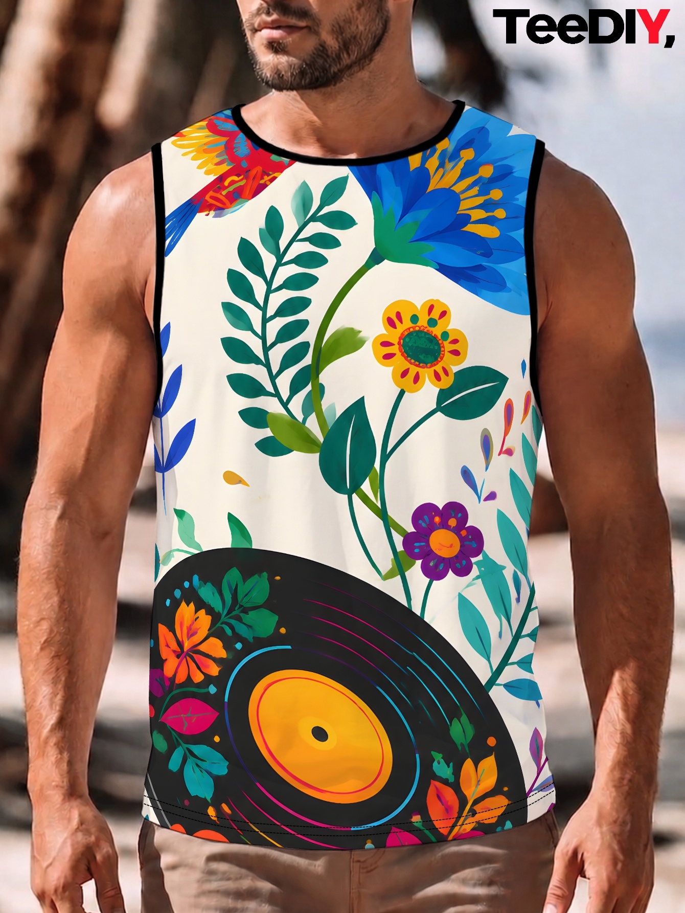   floral record bloom mens casual graphic print sleeveless short tank top suitable for summer beach boyfriend gift vacation daily wear printed design not textured  