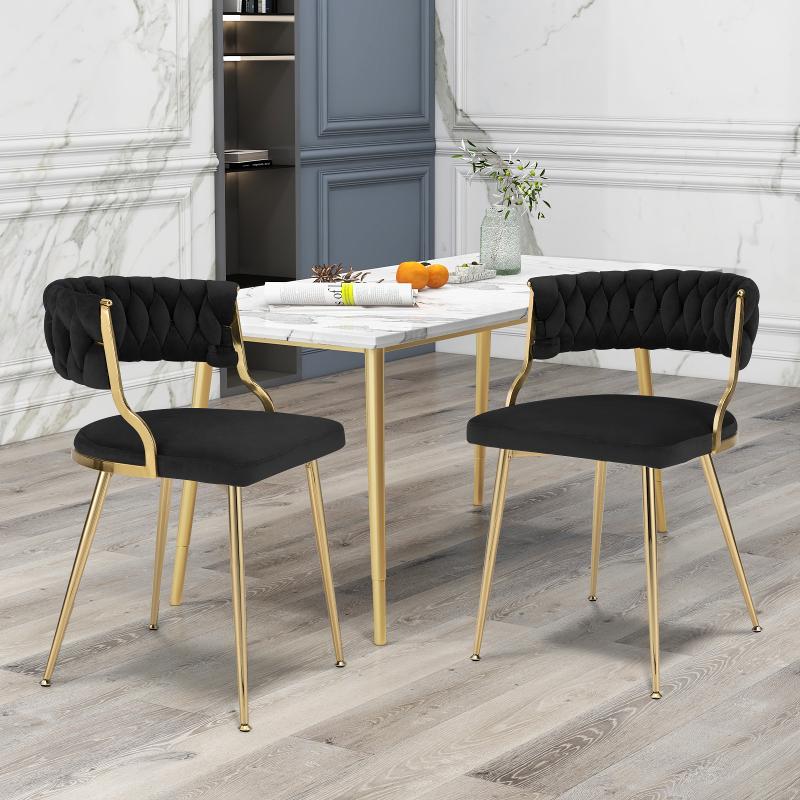 TEMU Dortala Modern Velvet Dining Chairs Set Of 2 - Upholstered Soft Seats With Golden Metal Legs, Woven Back & Sturdy Electroplated Frame, Sofa,