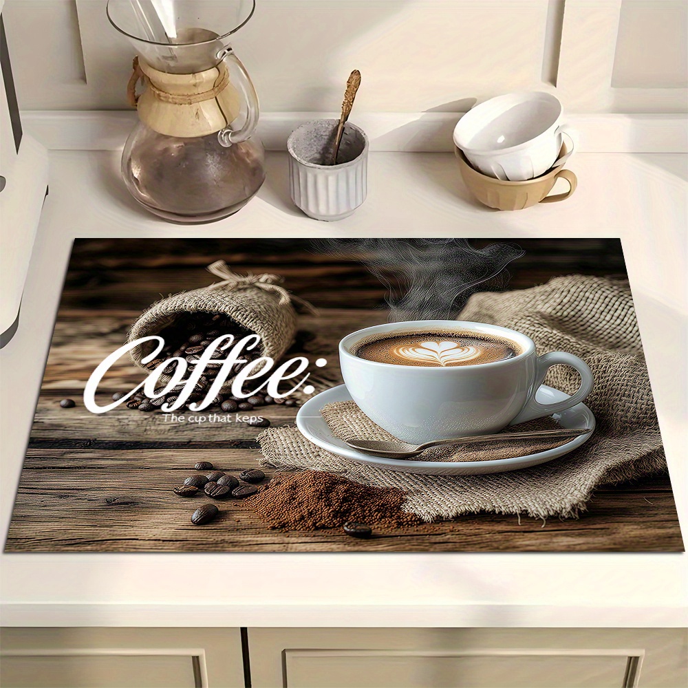 TEMU 1pc Coffee-themed Kitchen Mat - "coffee: The Keeper" Design With Espresso Cup, Beige Burlap, Coffee Beans & Grounds Illustration - Absorbent