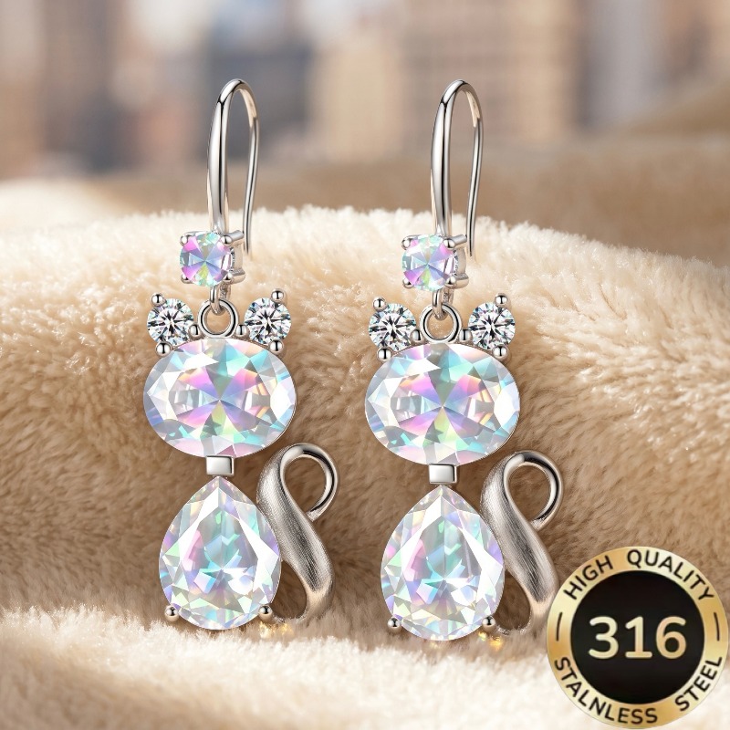 TEMU 1 Pair Of High-quality Steel Hypoallergenic Light Luxury Sweet And Shiny Cat-shaped Animal Earrings For Women, Decorated With Colored Synthetic