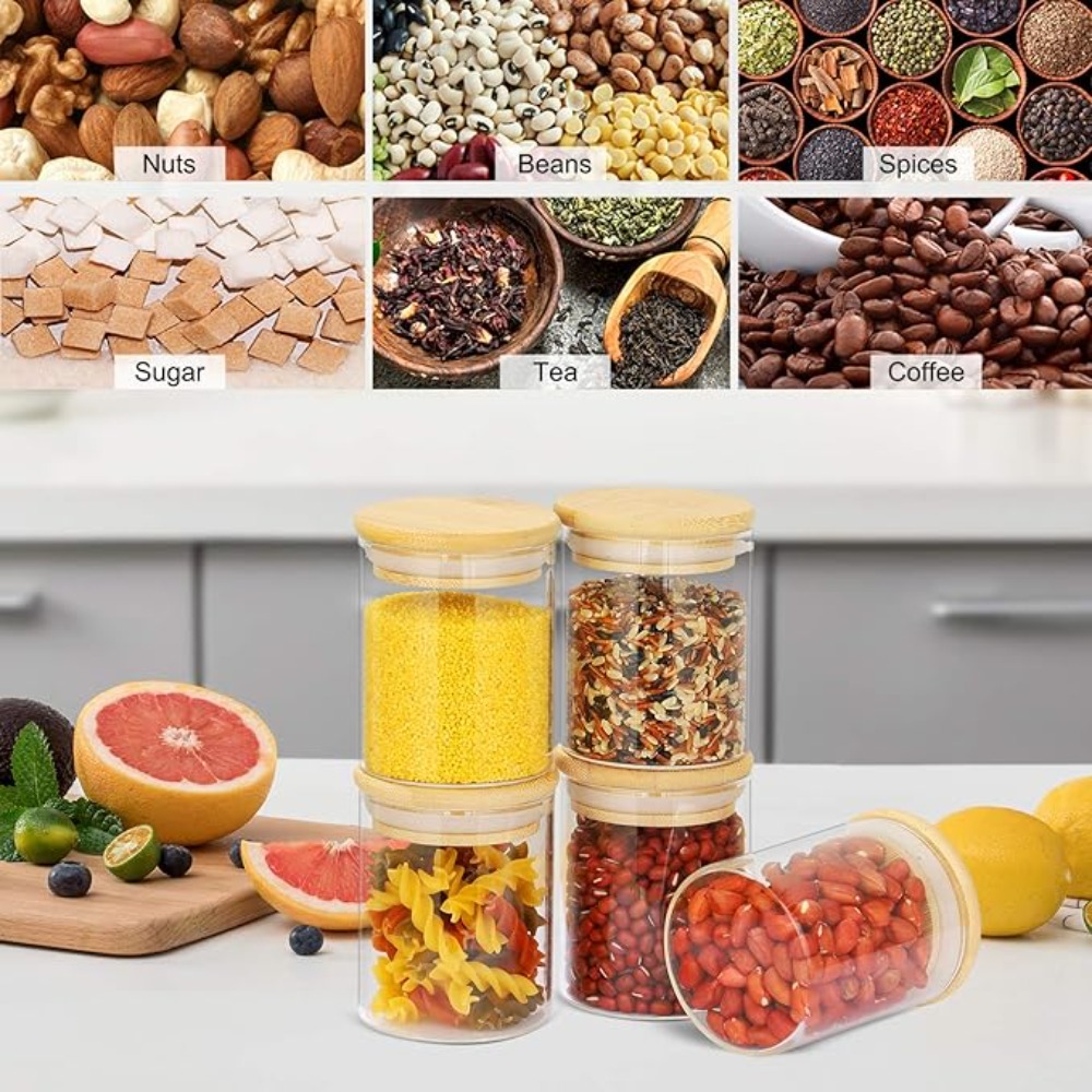 12pcs Set Glass Pantry Jars with Bamboo Lids - Airtight Flip-Top Lid & Stackable Round Storage Containers, Glass Canning Jars for Grains, Tea, Coffee, Spices, Candy - Space-Saving Kitchen & Pantry Organization (5x7cm)
