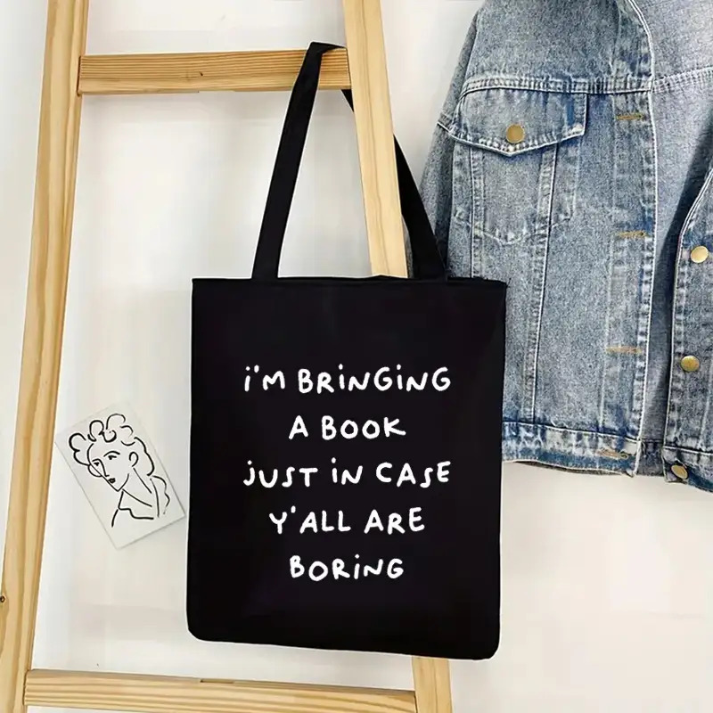 TEMU 1pc Book-themed Tote Bag | "i'm Bringing A Book Case You All Are Feeling Bored" Text - Heavy-duty Book Shopper Bag, Wide Base & Sturdy Sides For