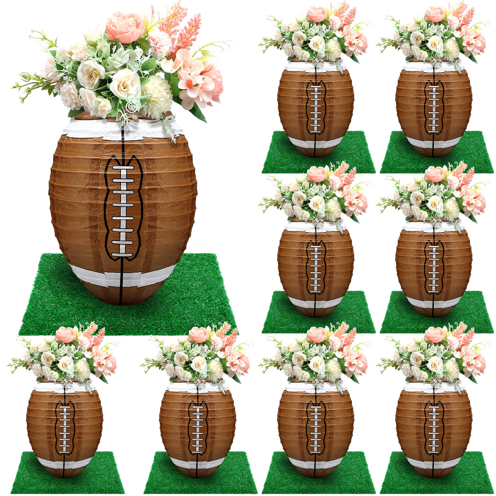 8pcs 12 Inches Football Table Centerpiece Paper Lantern With 8pcs Fake Grass Squares Soccer Centerpiece Decoration Set Paper Sports Ball Lantern Grass Turf Patch(football)