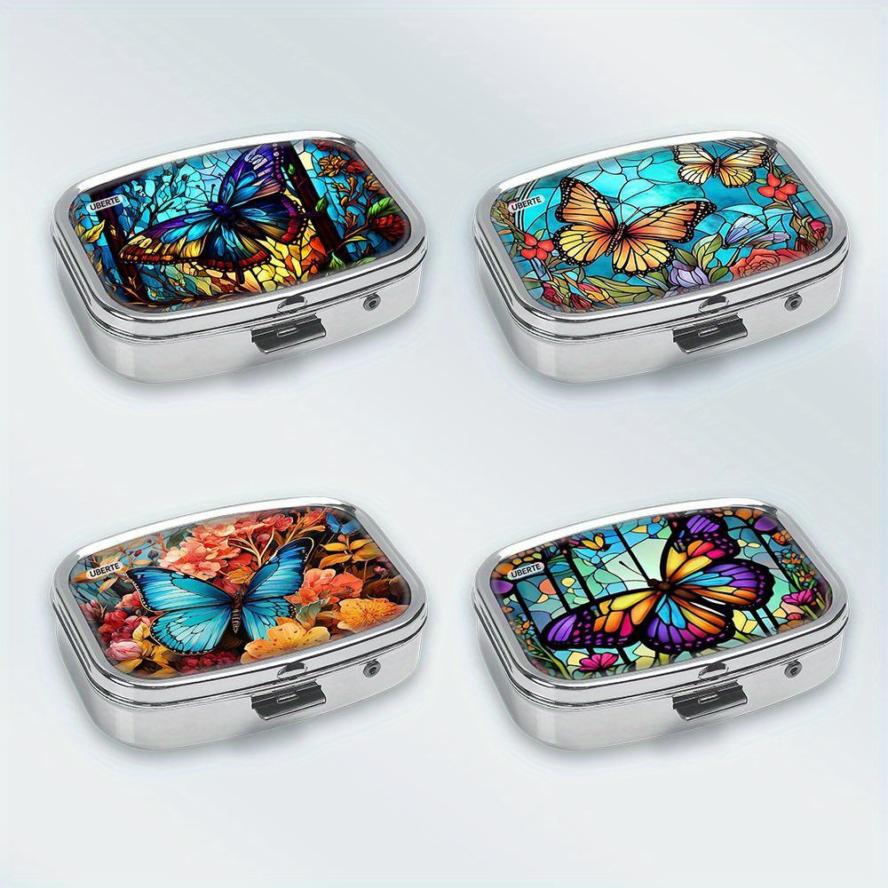 TEMU 4pcs Set Colorful Garden Theme Print Metal Medicine Box, Double Compartment Square Convenient Decorative Box, Multi-functional Medicine, Vitamin