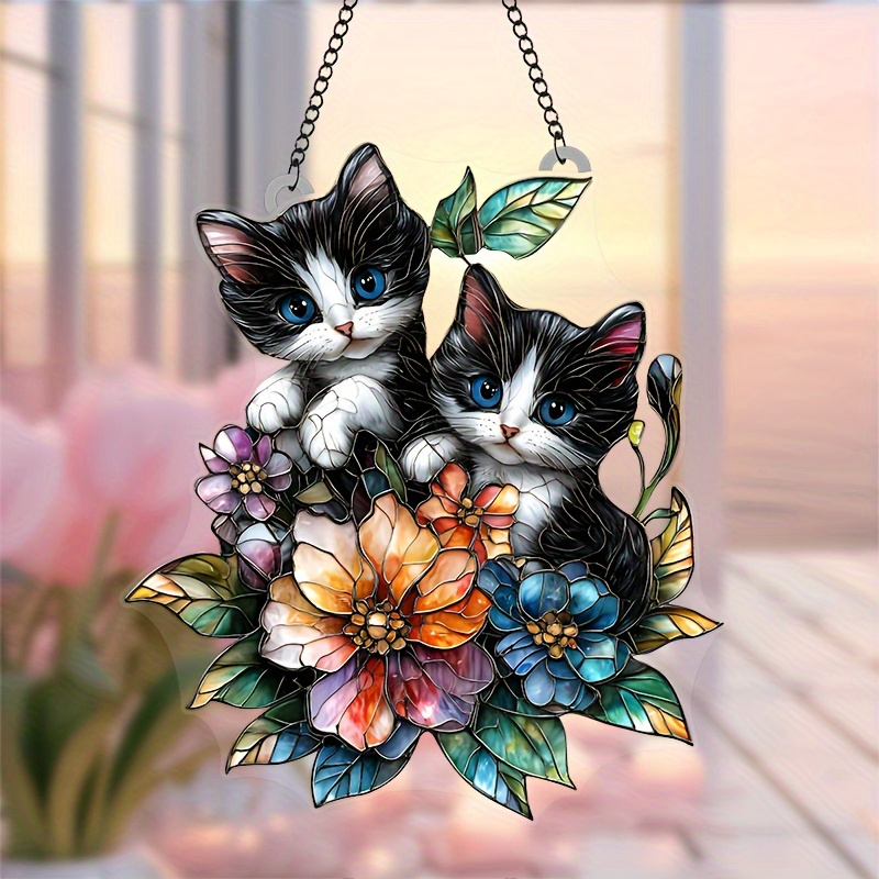 E-shop 1 Niedlicher Katzenförmiger Kristall Garten Sonnenfänger | 7x8 Zoll Fensterhänge Deko mit Lebendigen Blumen und Schmetterlingen, Robustes