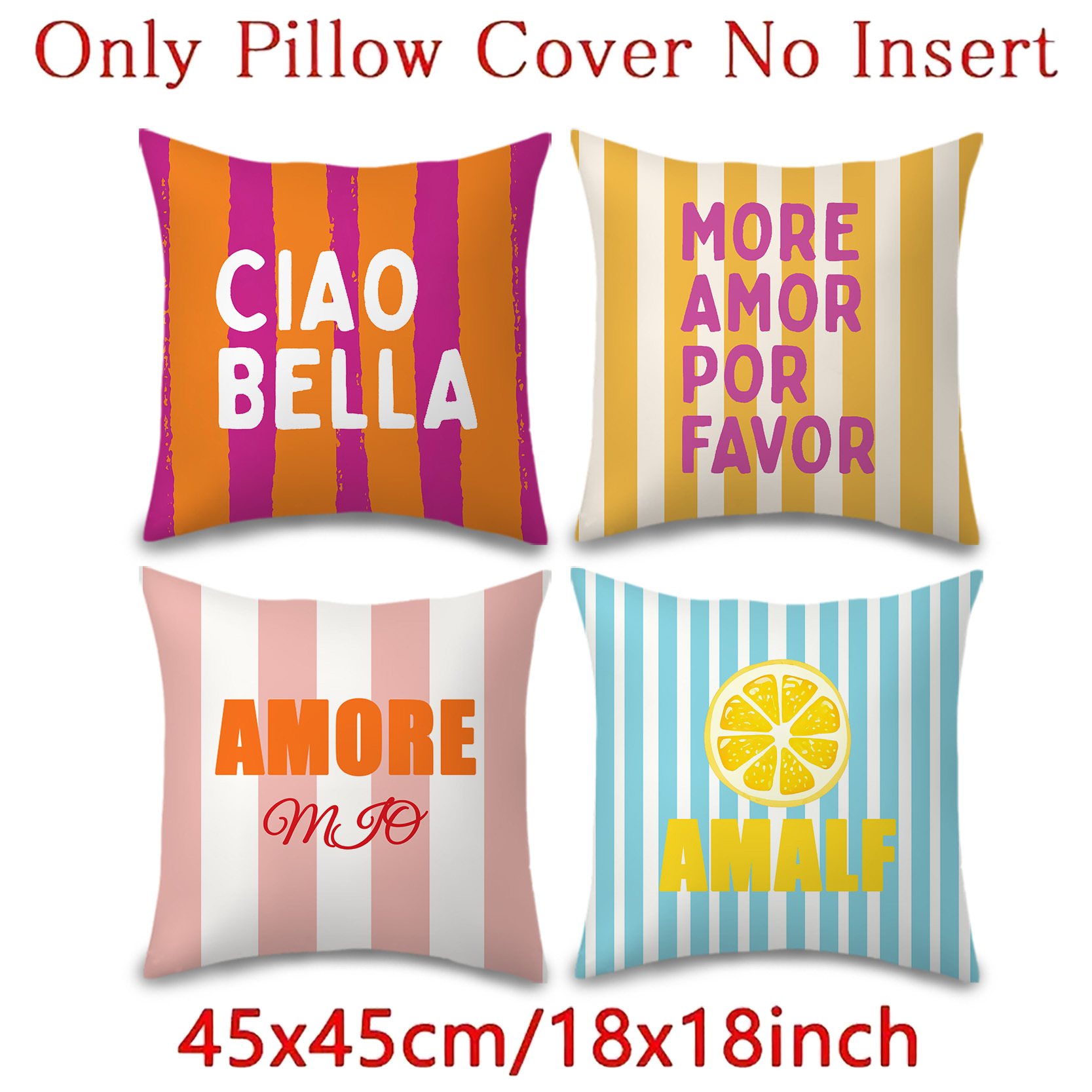 TEMU Lot de 4, Taie d'oreiller/Housse de coussin, Housse de coussin décorative avec italien et imprimé à rayures citron, Taie d'oreiller décorative,