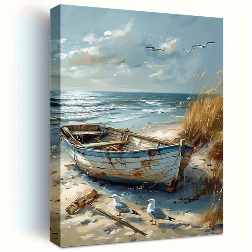 TEMU 2d Flat, 1pc Wood Framed Canvas Wall Art - Beach Scene Painting With Boat And , Modern Aesthetic Decor For Living Room, Bedroom, Office, Or